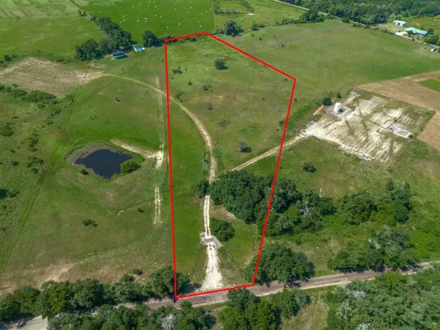 an aerial view of a residential houses with outdoor space and trees