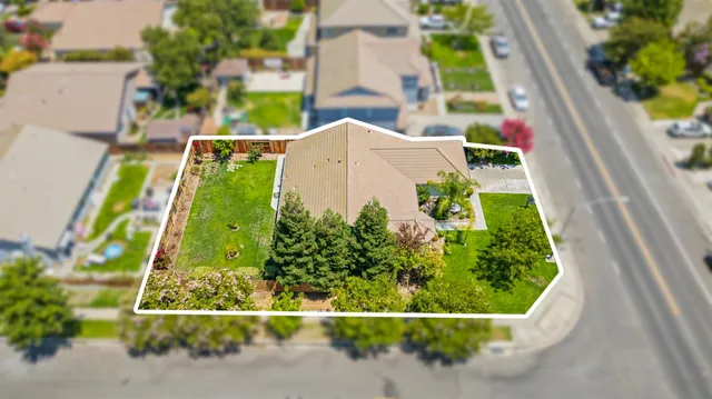 an aerial view of a swimming pool