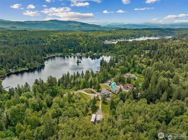 an aerial view of a house with a yard and large trees