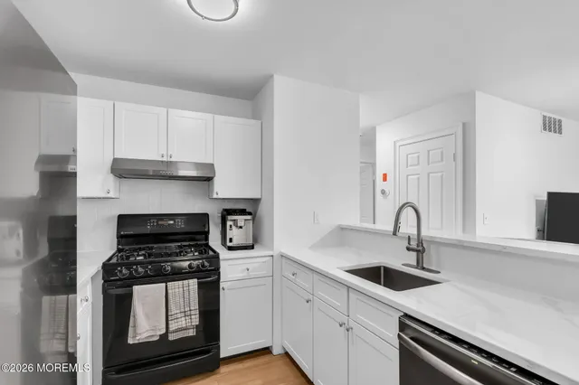 a kitchen with a sink a stove and cabinets