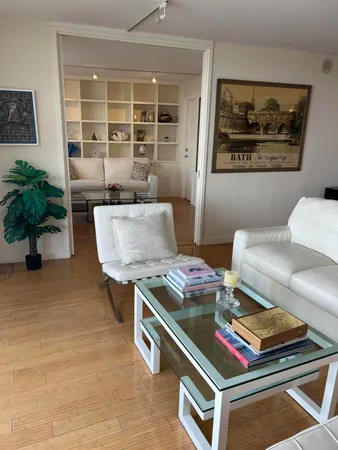 a living room with furniture and a potted plant