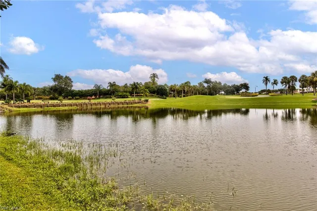 a view of a lake with houses in the back