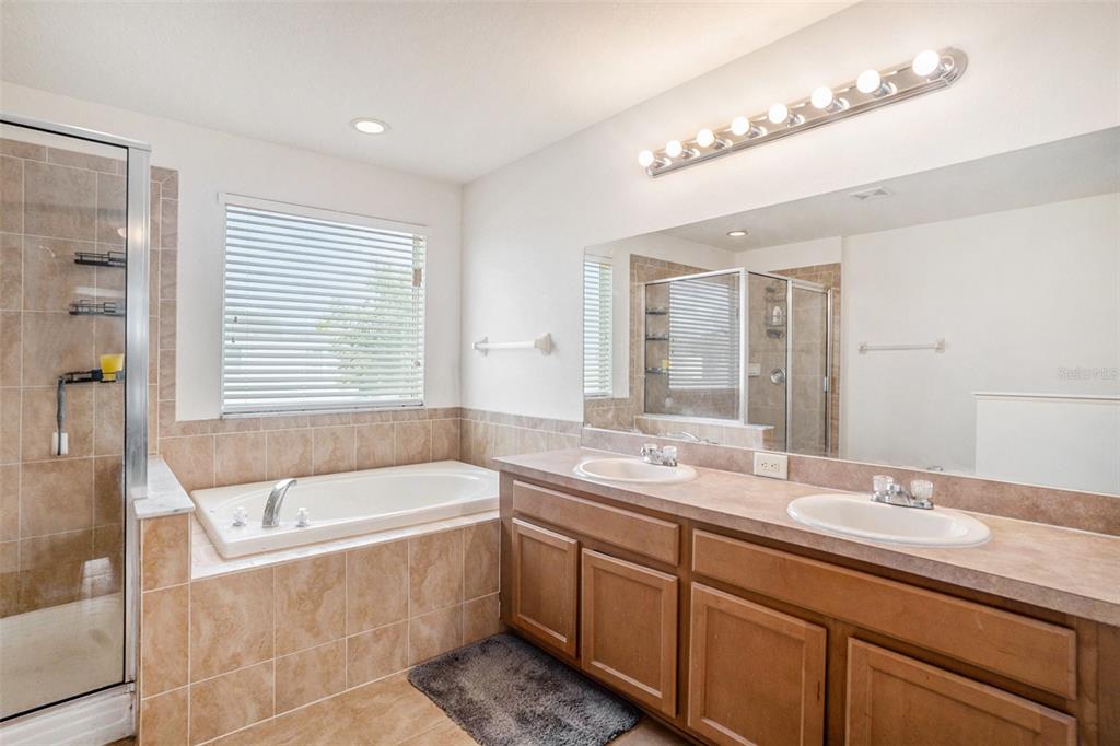 7641 Armonk Lane Wesley Chapel, FL 33545 - Photo 25 of 34 a bathroom with a tub a sink and mirror