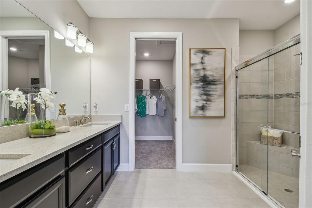 4257 Rosatti Road Wesley Chapel, FL 33543 - Photo 16 of 96 a bathroom with a granite countertop sink a large mirror and a shower