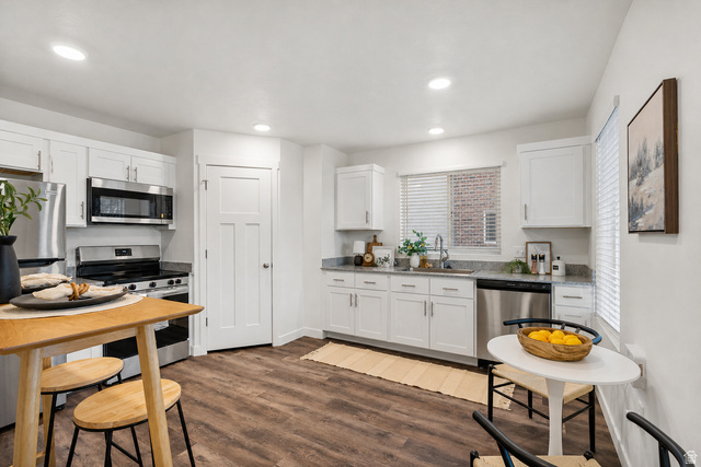 445 950 South Ogden, UT 84404 - Photo 6 of 28 Kitchen featuring stainless steel appliances, white cabinets, dark wood-type flooring, and recessed lighting