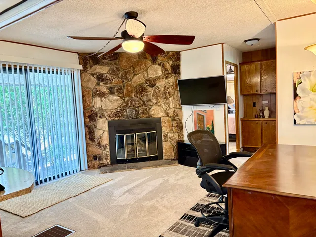 a living room with furniture and a fireplace
