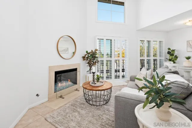 a living room with furniture a potted plant and a fireplace