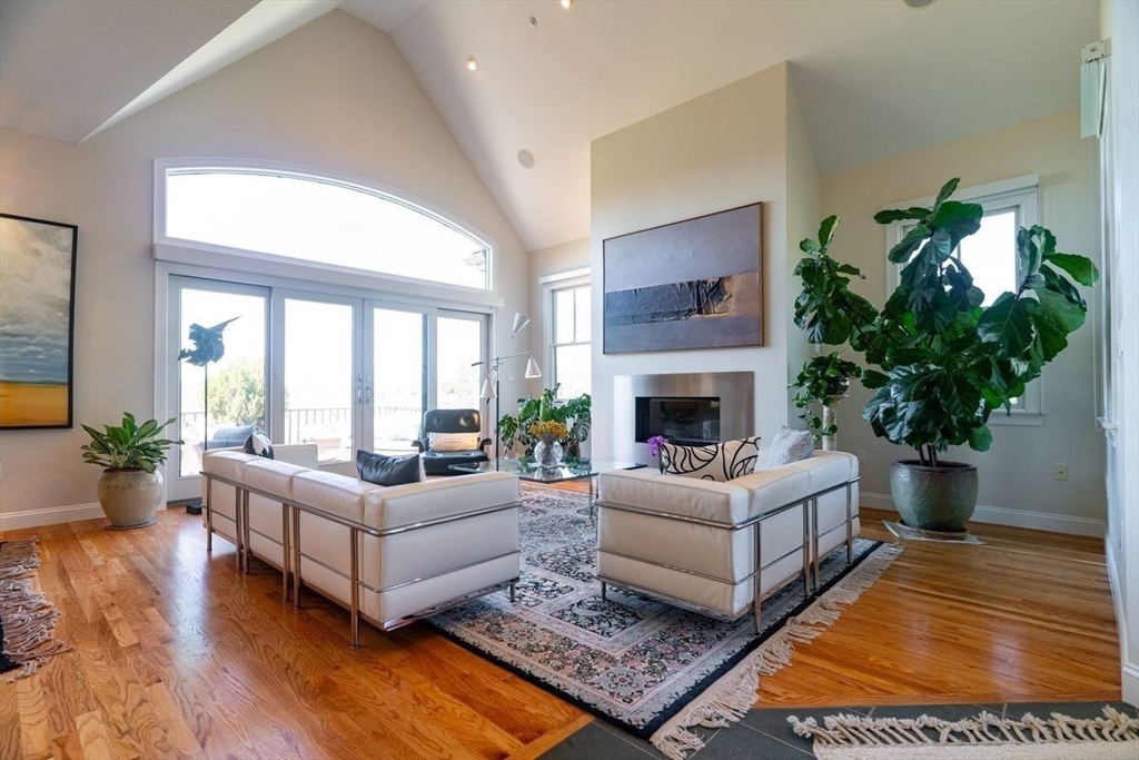 a living room with furniture fireplace and potted plant