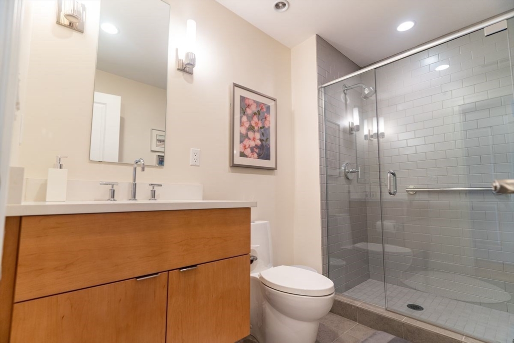 1 South Cottage Road, Unit 1 Belmont, MA 02478 - Photo 25 of 35 a bathroom with a shower a sink a toilet and mirror