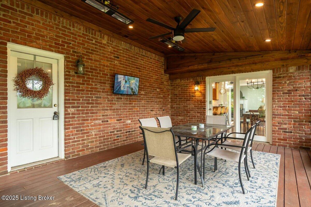 10801 Little Pond Road Goshen, KY 40026 - Photo 16 of 73 Beautiful screen porch has tongue and groove ceilings, built-in heaters, recessed lighting, ceiling fan, and television