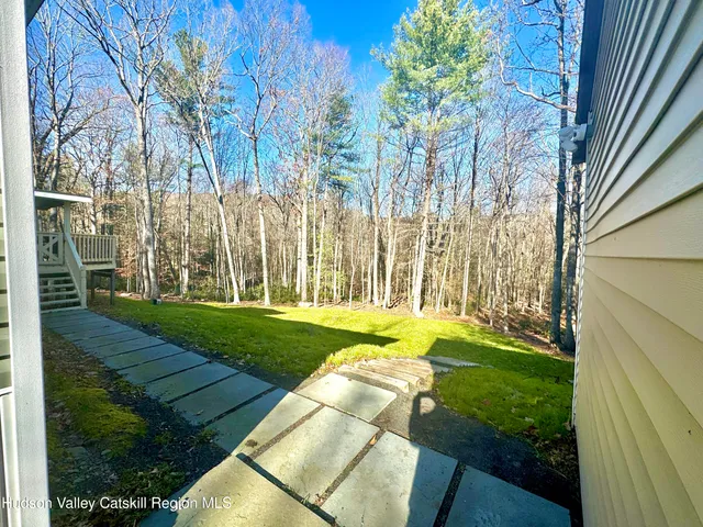 a view of a park with large trees