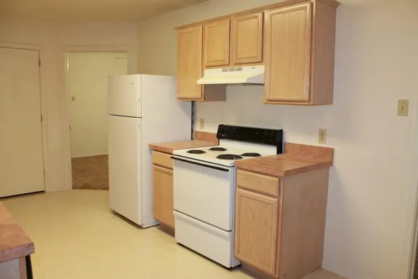 a kitchen with a refrigerator sink stove and cabinets