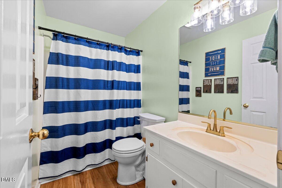 850 Lewis Winstead Loop Roxboro, NC 27574 - Photo 27 of 49 a bathroom with a sink a toilet a mirror and shower curtain