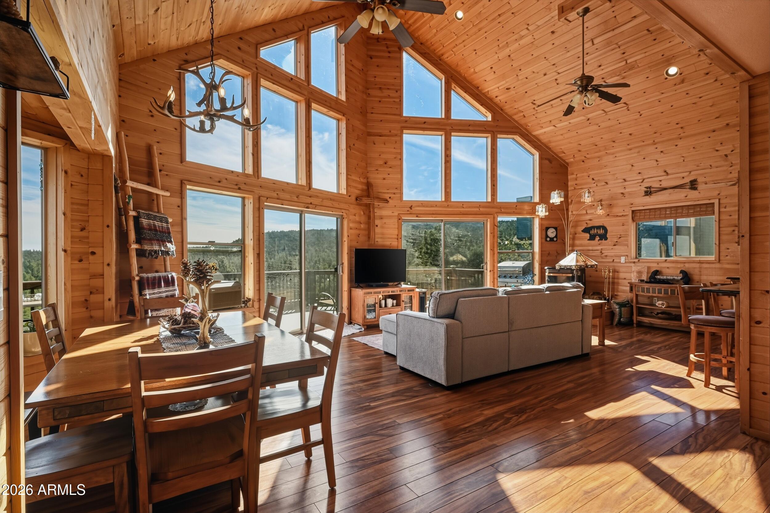 3119 Kysar Way Pine, AZ 85544 - Photo 8 of 68 a living room with furniture a floor to ceiling window and wooden floor