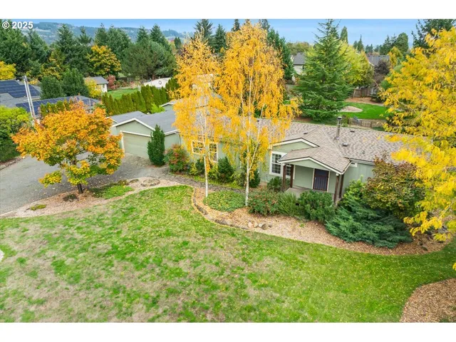 a view of a house with a yard and potted plants