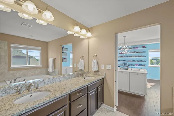 a bathroom with a granite countertop sink a large mirror and a shower