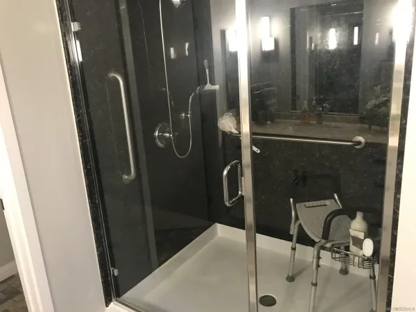 a bathroom with a mirror