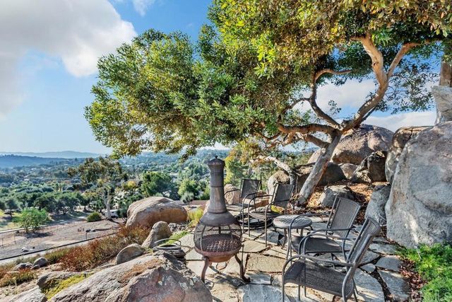 a backyard of a house with table and chairs