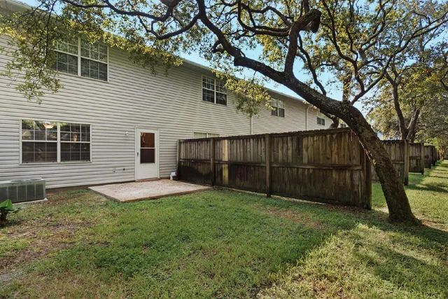 a view of a backyard with a large tree