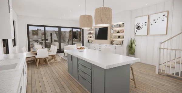 a kitchen with stainless steel appliances a white table chairs and a large window