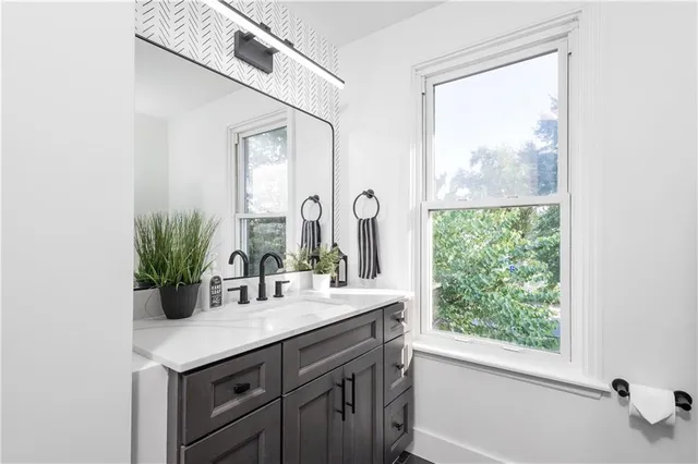 a bathroom with a sink and a shower