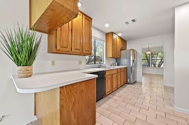 a kitchen with stainless steel appliances a sink a counter top space cabinets and a potted plant