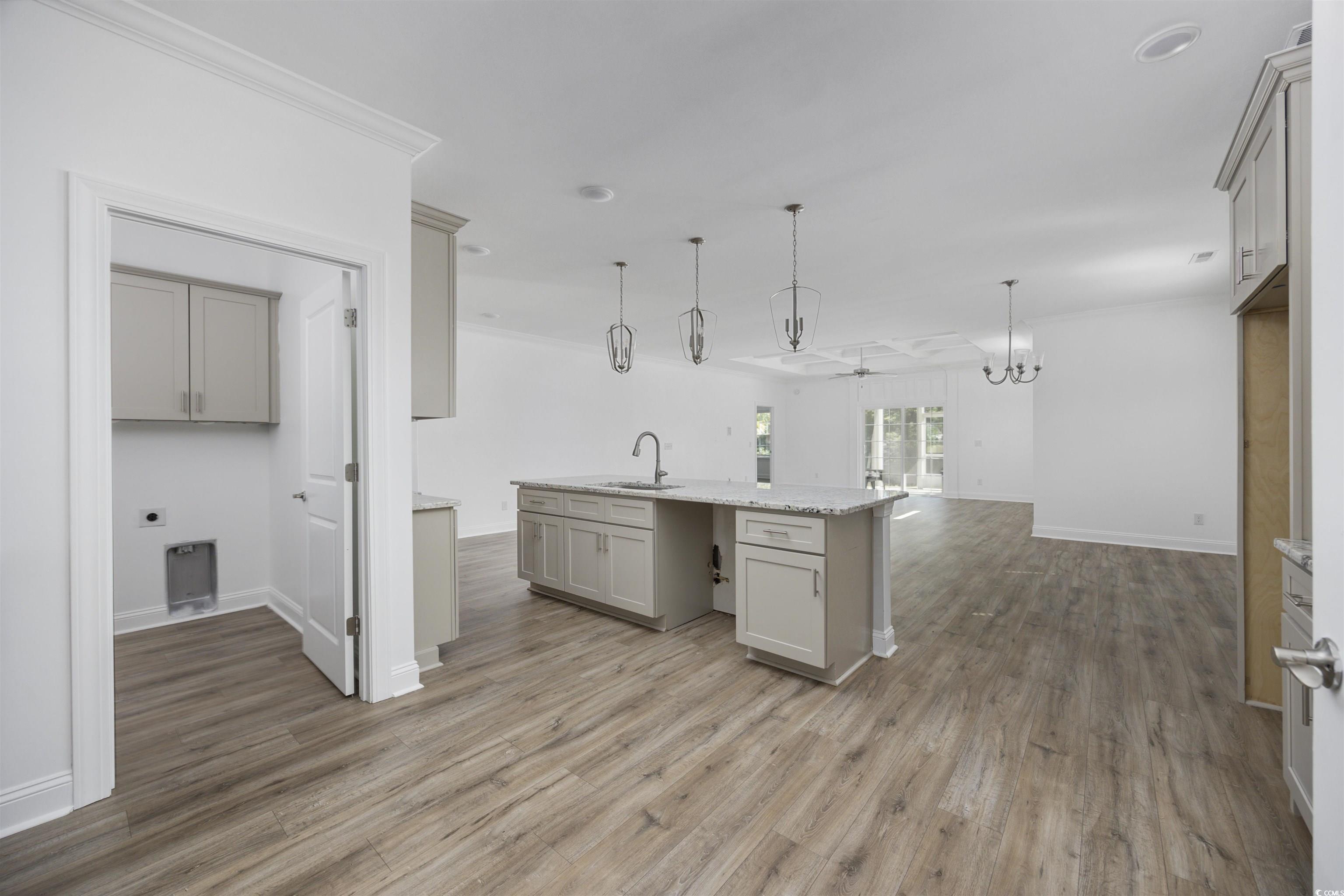 1108 Pochard Drive Conway, SC 29526 - Photo 37 of 37 Kitchen with gray cabinetry, crown molding, pendant lighting, open floor plan, and light wood-style flooring