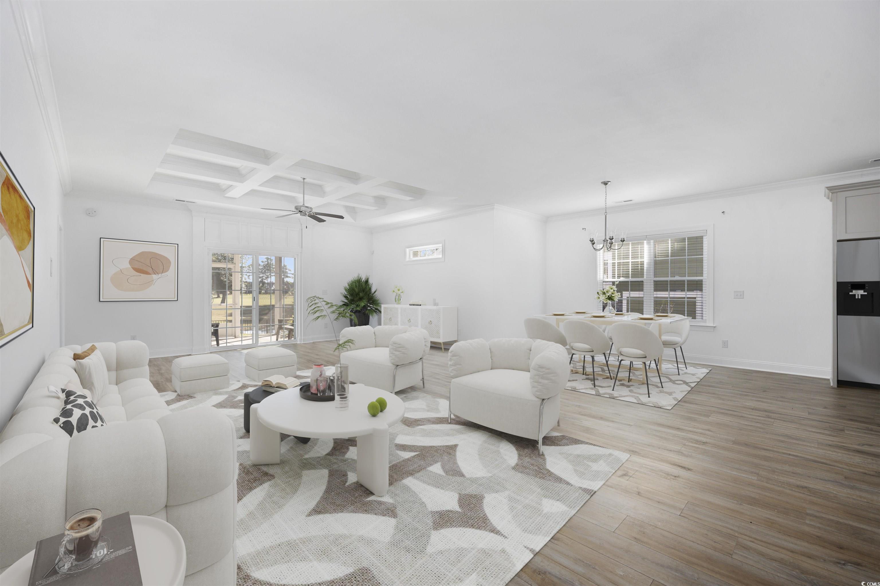1108 Pochard Drive Conway, SC 29526 - Photo 7 of 37 Living area with coffered ceiling, healthy amount of natural light, light wood-style floors, beamed ceiling, and ceiling fan