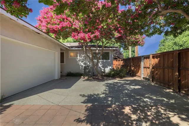 a garden view with a seating space