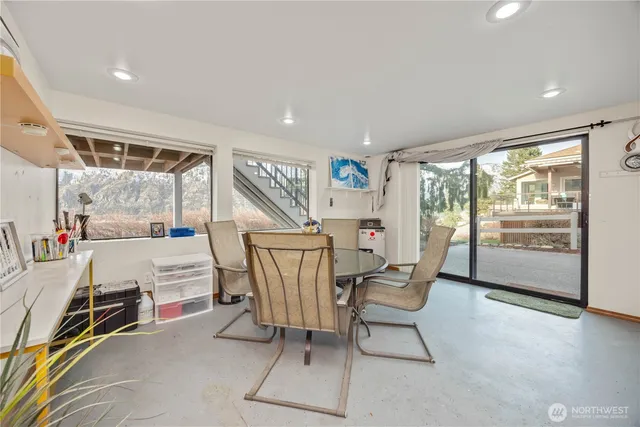 a view of a lake with a terrace