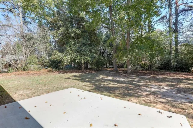 a view of a dry yard with trees