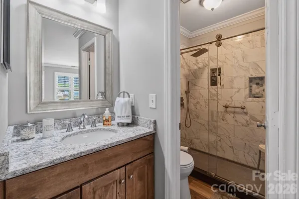 a bathroom with a granite countertop sink toilet and shower
