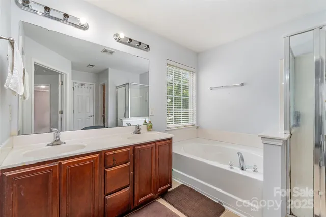 a bathroom with a tub sink and mirror