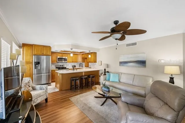 a living room with furniture ceiling fan and a rug