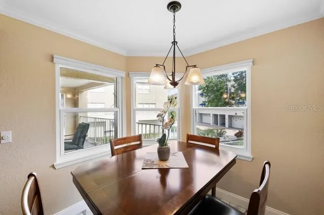 a view of a dining room with furniture window and outside view