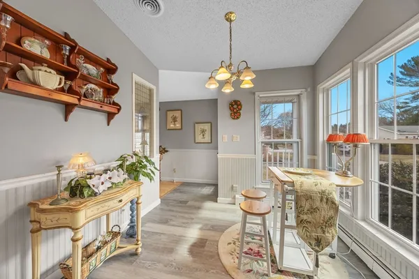 a dining room filled with furniture