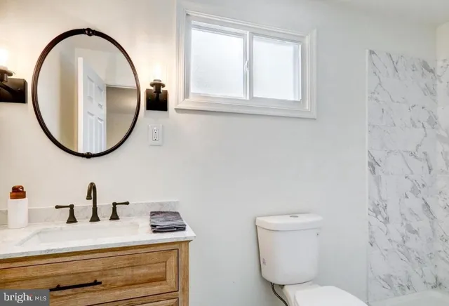 a bathroom with a sink a mirror and a toilet