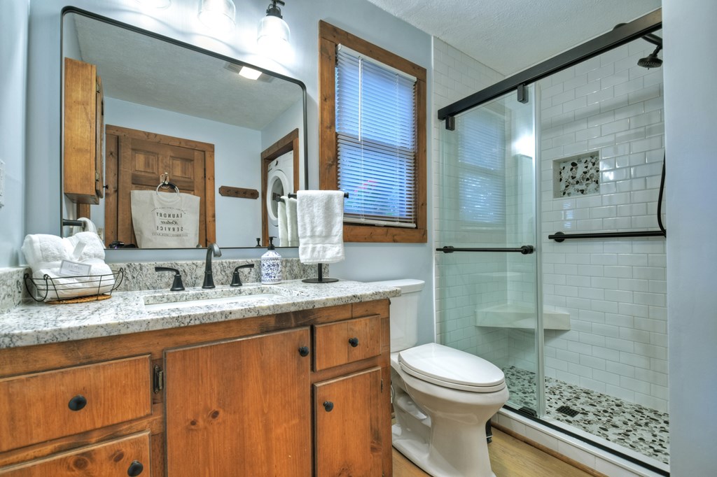392 Eagles Nest Mountain Road Blue Ridge, GA 30513 - Photo 22 of 51 a bathroom with a granite countertop sink toilet and shower