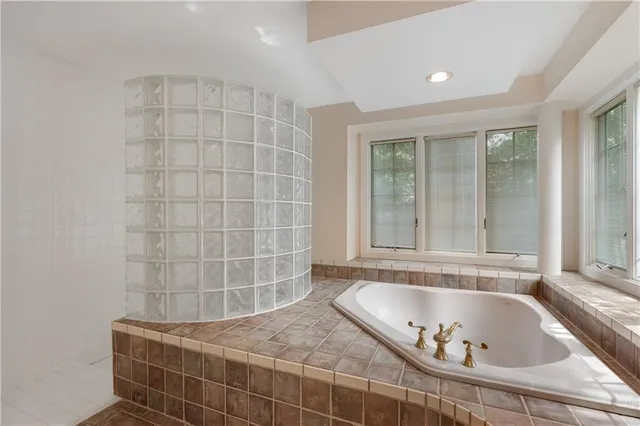 a bathroom with a bathtub and shower