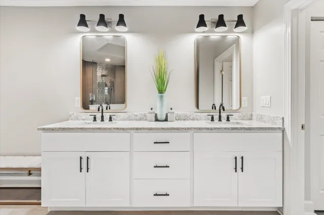 a bathroom with vanity two sinks and a mirror