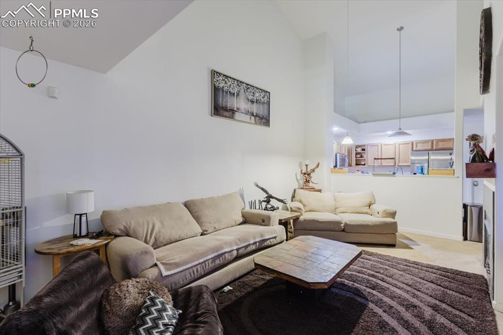 5800 Tower Road, Unit 108 Denver, CO 80249 - Photo 14 of 35 Living area featuring vaulted ceilings and recessed lighting