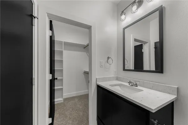 a bathroom with a sink vanity and a mirror