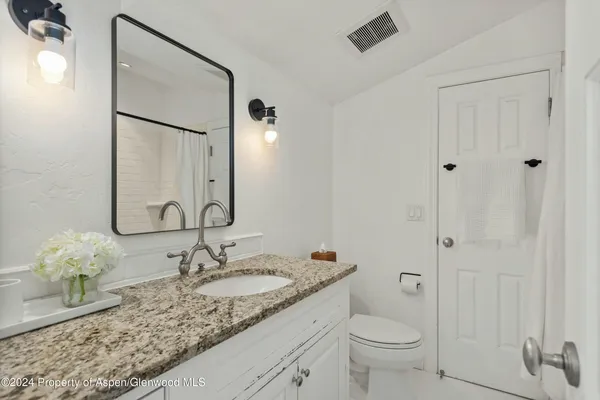a bathroom with a granite countertop sink toilet and shower