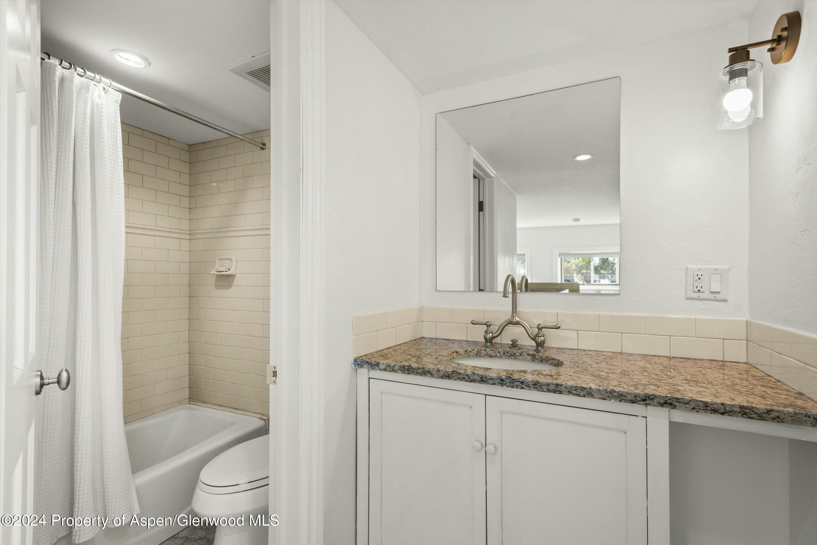 120 East Sopris Drive Basalt, CO 81621 - Photo 30 of 30 a bathroom with a granite countertop sink toilet and shower