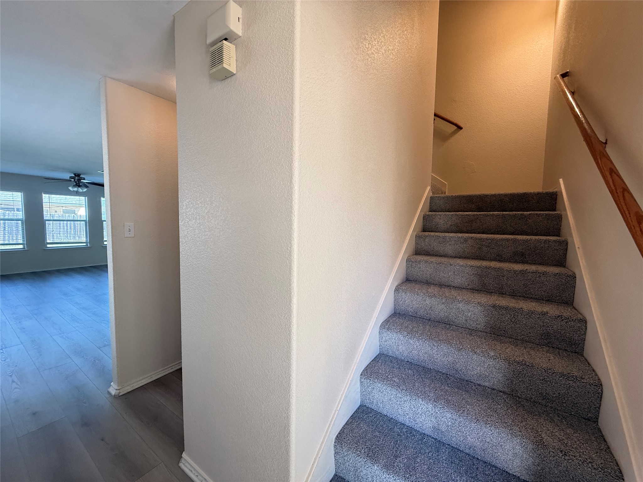 279 Housefinch Loop Leander, TX 78641 - Photo 16 of 30 Staircase with a textured wall, wood finished floors, and a ceiling fan