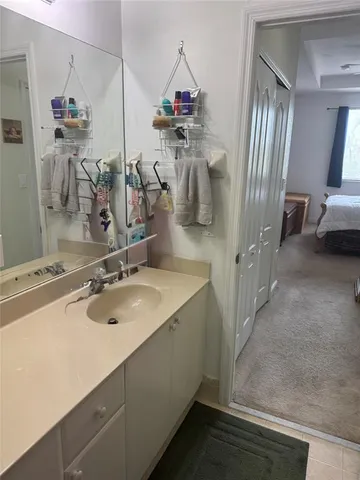 a bathroom with a sink a mirror and a shower