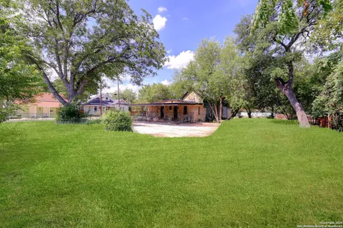 a view of a house with a big yard potted plants and large tree