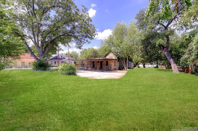 a view of a house with a big yard potted plants and large tree