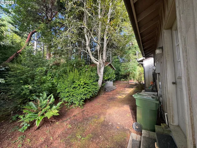 a view of a field with trees in the background