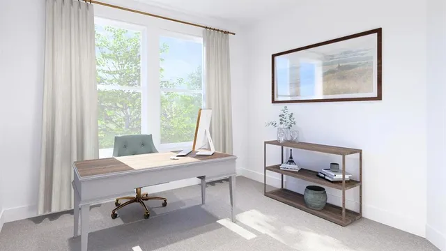 a view of a workspace with a window and dining room